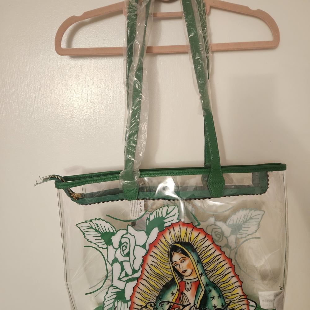 Ed Hardy Clear Tote with Green Trim and Virgen de Guadalupe Graphic - Picture 2 of 6